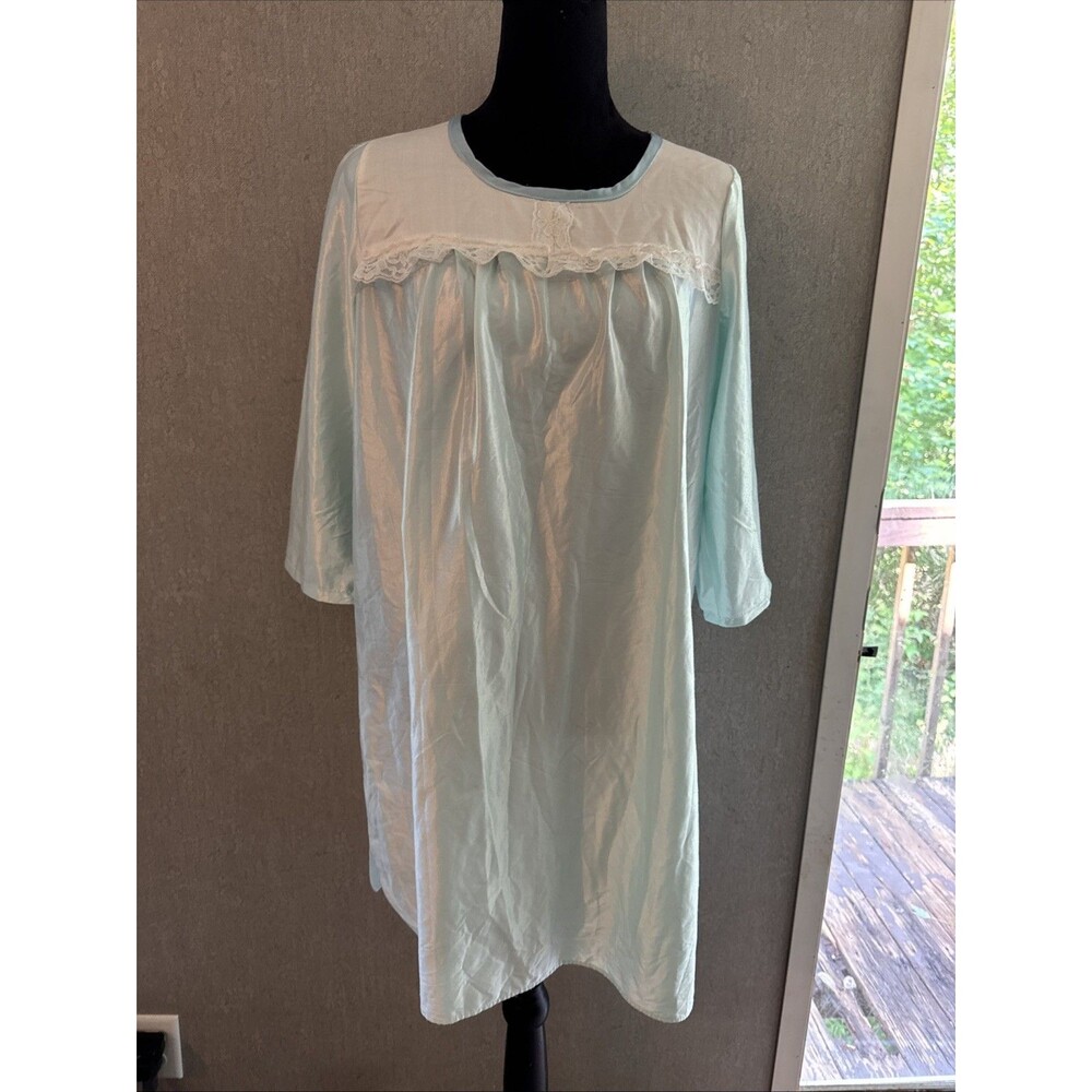 Vintage Brushed back Satin Nightgown Blue Ice Granny Gown Cuddleskin